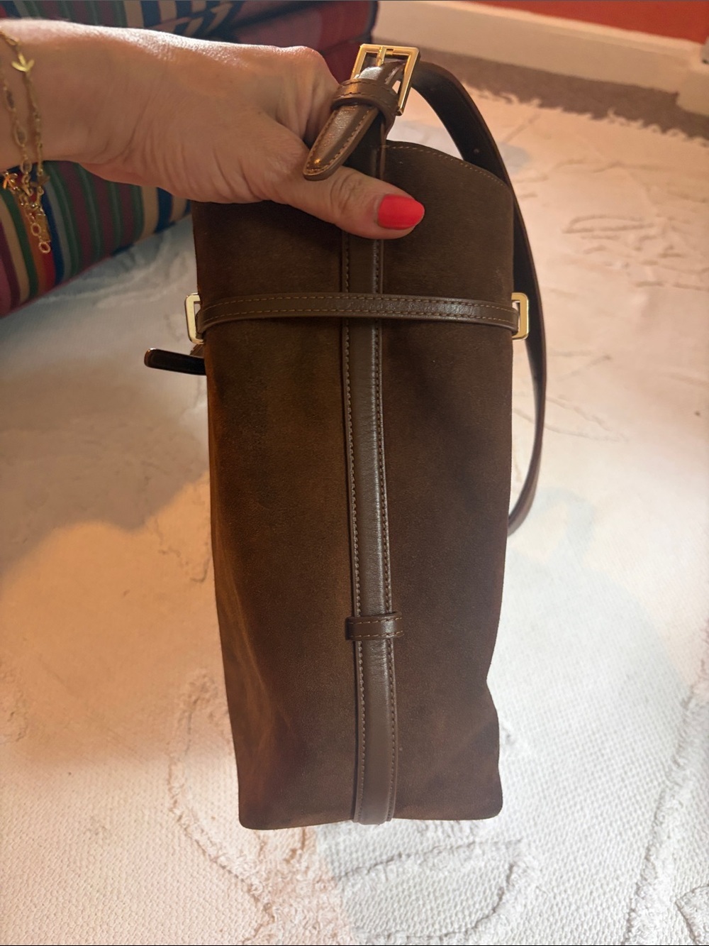 Verafied New York Toffee Suede Belted Tote Bag - Picture 8 of 12